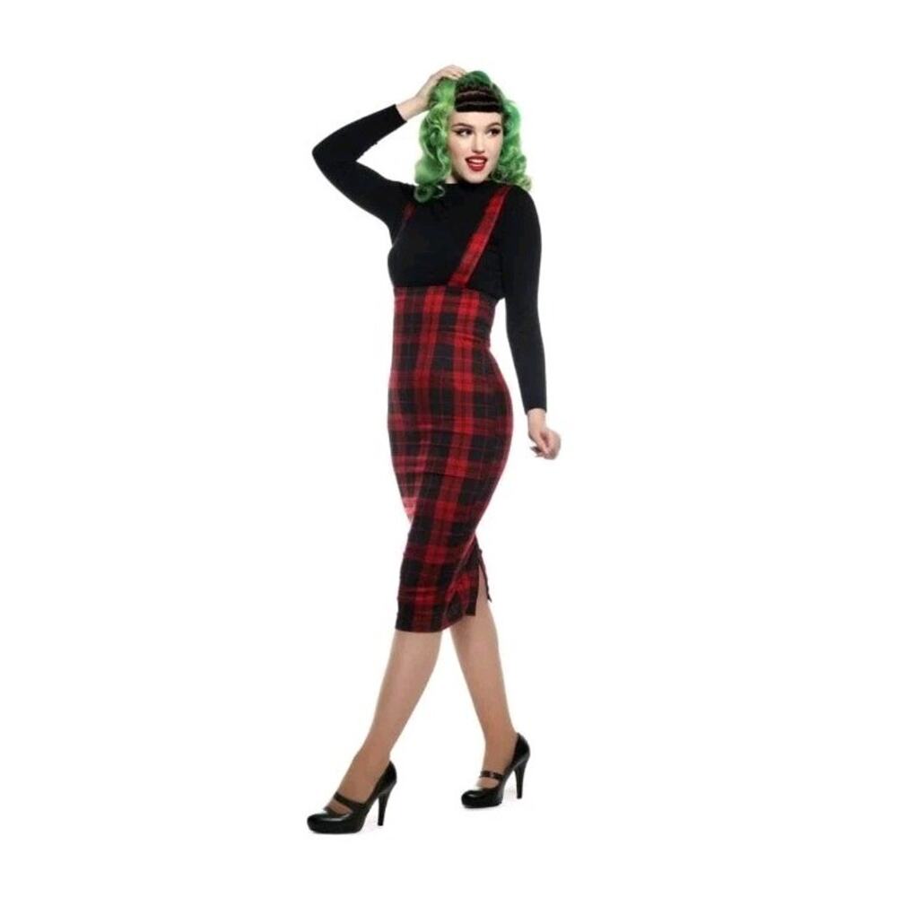 Collectif KAREN Check High Waist Suspender Jumper Pencil Skirt Rockabilly SMALL